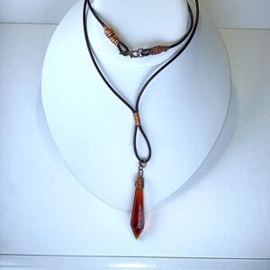 Handmade Vintage Chandelier Crystal Pendant Genuine Leather & Copper Necklace